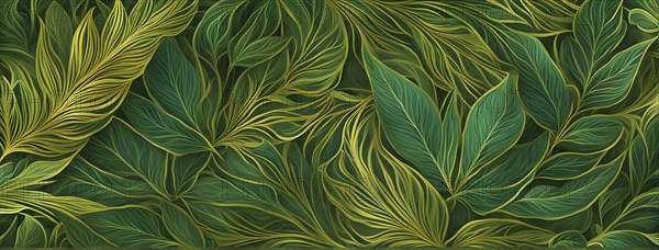 Abstract wallpaper highlighting stylized cannabis leaves in vibrant green and golden colors, AI generated
