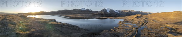 Aerial view, mountain peak and mountain lake, evening mood, Arabel Lake at Arabel Pass, Issyk Kul Province, Kyrgyzstan, Asia