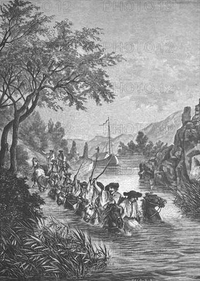 Hungarian ship pullers in a branch of the Danube near Hainburg, Historical, digitally restored reproduction from a 19th century original, Record date not stated