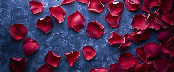 A close up of red rose petals. Petals are scattered and overlapping, sense of depth and texture, AI generated