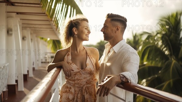 Young adult caucasian couple vacationing on A cruise ship in the tropics, generatvie AI, AI generated