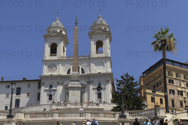 The church Santissima Trinita dei Monti, Santa Trinita dei Monti or Santissima Trinita al Monte Pincio, Most Holy Trinity on Mount Pincio, and the Obelisco Sallustiano, above the Spanish Steps in Rome, Italy, Europe
