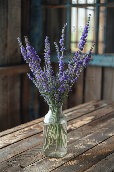 Lavender flowers (Lavendula) in a vase in a rustic, rural ambience, AI generated, AI generated, AI generated