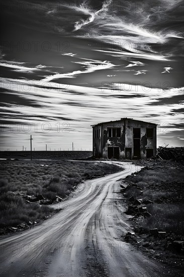 Abandoned military base at the end of an empty road enveloped in the silence of the area, AI generated