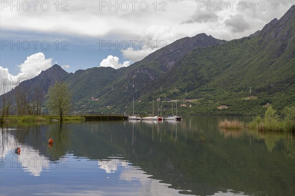 Ponte Caffaro (bridge over the Caffaroan) at the northern tip of Lake Idro, the river Caffaro forms the border between the regions of Lombardy and Trentino-South Tyrol at its bridge and was the border between Austria and Italy until 1919. This is where the two rivers Chiese and Caffaro flow into Lake Idro, South Tyrol, Italy, Europe