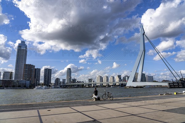 Skyline at the Nieuwe Maas, Erasmus Bridge, skyscrapers, man taking a break at the riverbank, Rotterdam, Netherlands