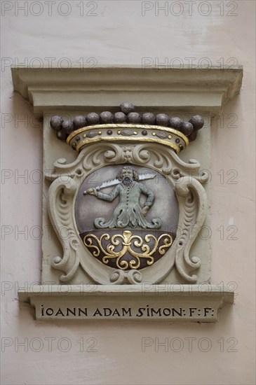 Coat of arms stone of Johann Adam Simon Fieri Fecit : He made it possible Bürgerspital, Würzburg, Lower Franconia, Bavaria, Germany, Europe