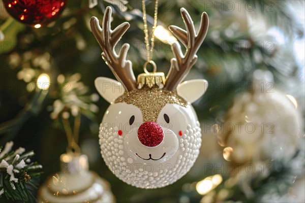Cute Christmas tree bauble with reindeer face on tree. Generarive Ai, AI generated