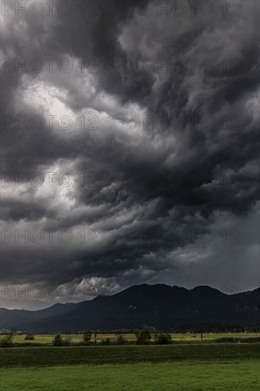 Dark storm clouds during a thunderstorm, storm, summer, mountain landscape, Loisach-Lake Kochel-Moore, Bavaria, Germany, Europe