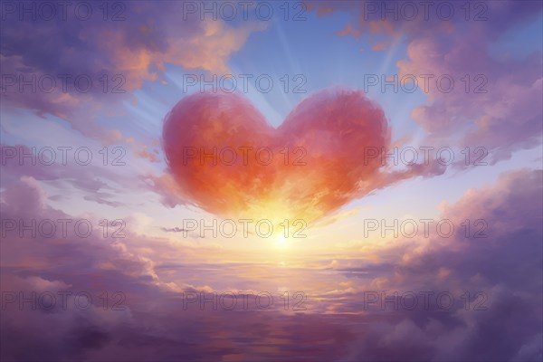 Painting of a heart-shaped cloud illuminated by the warm hues of sunset, floating above a serene sea of clouds. For love, romance, tenderness and Valentine day design, AI generated