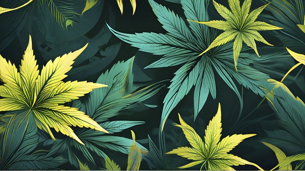 Abstract wallpaper highlighting stylized cannabis leaves in vibrant green and golden colors, AI generated