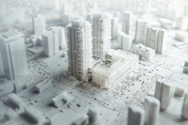 Architectural model made of plastic, model making for architecture, design, architectural design of a modern residential neighbourhood, housing estate on a body of water, new construction, modern residential buildings, AI generated, AI generated