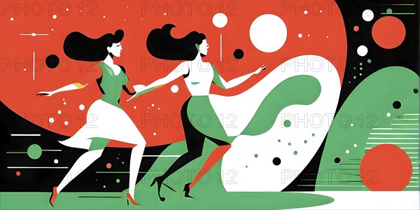 Minimalist illustration featuring abstract shapes to convey fun and ease, wallpaper with green and orange color accent, AI generated