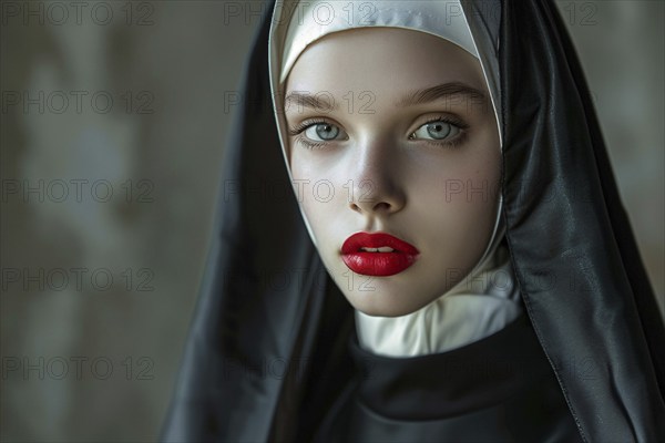 Face of young woman with red lipstick and christian nun habit with veil. Generative Ai, AI generated