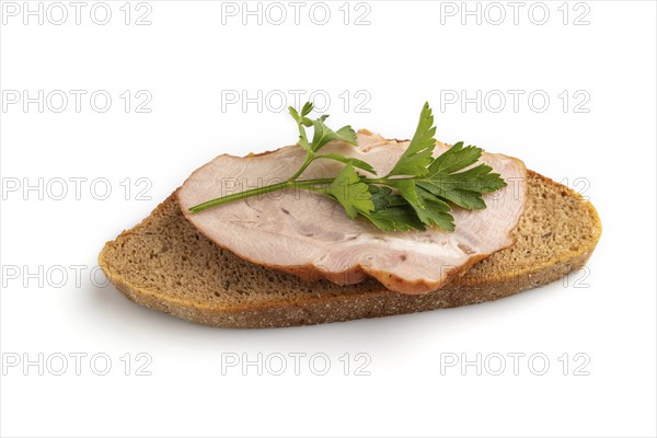 Smoked pork ham sandwich isolated on white background. Top view, flat lay, close up
