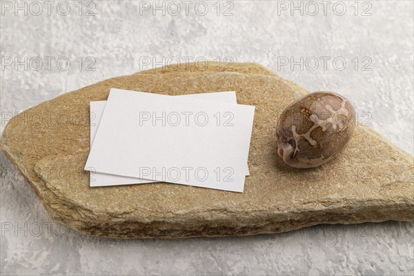 White paper business card, mockup with natural stone and seashell on gray concrete background. Blank, side view, still life, copy space