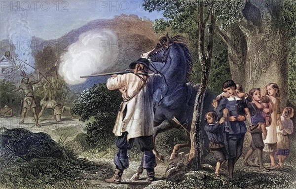 The flight of the Dunstan family from the Indians around 1697, USA, Historical, digitally restored reproduction from a 19th century original, Record date not stated, North America
