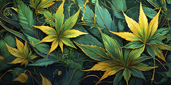 Abstract wallpaper highlighting stylized cannabis leaves in vibrant green and golden colors, AI generated