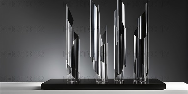Reflective glass sculptures in abstract forms, AI generated