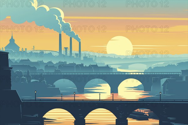 Illustration, graphic of an industrial landscape with bridges over a river, smoking chimneys at sunset, symbolic image for environmental pollution, AI generated, AI generated, AI generated