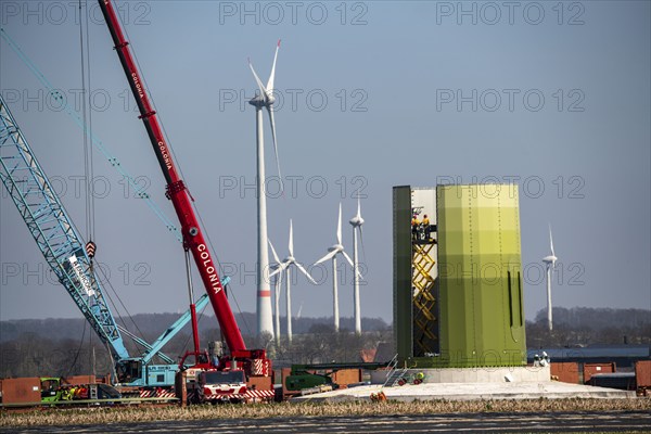 Construction of a wind turbine, Enercon steel pillar, near Kerken, Kleve district, Lower Rhine, North Rhine-Westphalia, Germany, Europe