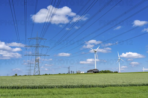 Wind farm near Brilon-Radlinghausen, high-voltage power lines, Sauerland, North Rhine-Westphalia, Germany, Europe