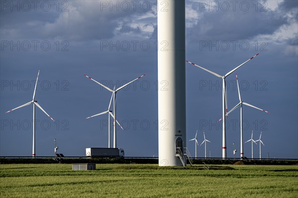 RWE Windpark Jüchen A44n, Garzweiler wind farm, at the Garzweiler opencast lignite mine, on the A44 motorway, Jackerath motorway junction, Nordex N149 wind turbines, located on recultivated areas of the opencast lignite mine, North Rhine-Westphalia, Germany, Europe