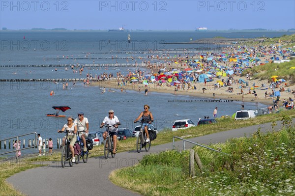 Cyclists and tourists swimming and sunbathing on beach along the Westerschelde at Breskens on a hot day during summer holidays, Zeeland, Netherlands