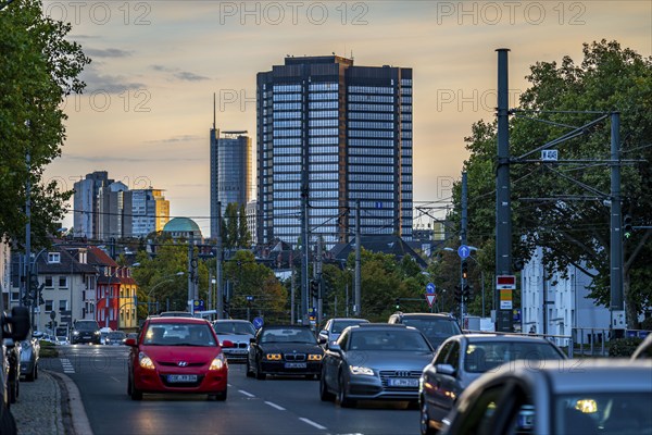 Skyline of Essen city centre, town hall, RWE Tower, dome of the old synagogue, Schützenbahn street, Essen, North Rhine-Westphalia, Germany, Europe