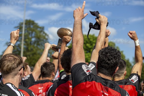 Heidelberg, 15.06.2024, Rugby 1st Bundesliga, 2023/24 season, final for the German championship: SC Frankfurt 1880 vs SC Neuenheim. Great joy among the Frankfurt players after winning the German Championship