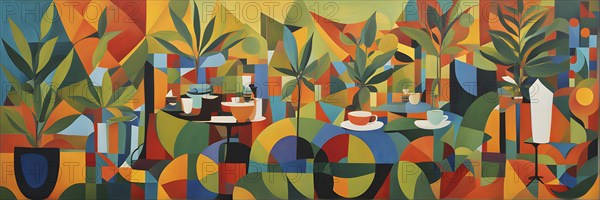 Abstract composition of a cannabis cafe with ambiance bold contrasting colors and playful shapes, AI generated