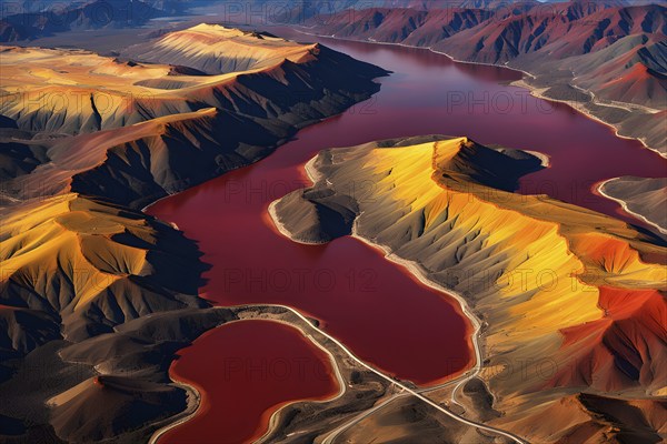 Aerial view perpendicular top down of an abstract colorful river along the coastline, AI generated