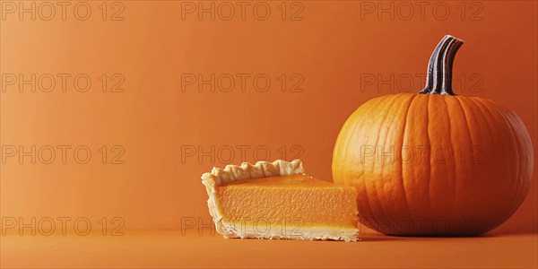 Banner with slice of pumpkin pie and large pumpkin on orange background with copy space. Generative Ai, AI generated