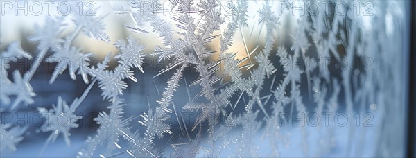 Detailed close-up of frost patterns on a glass window, AI generated