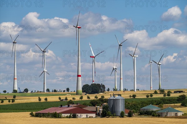 Wind farm north-west of Lichtenau, East Westphalia-Lippe, farm with biogas plant, North Rhine-Westphalia, Germany, Europe