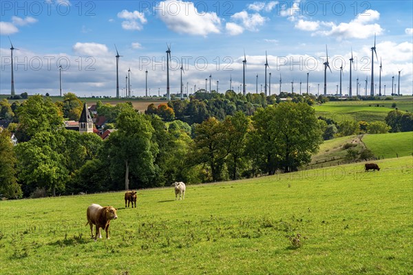 Wind farm near Lichtenau, Iggenhausen district, St. Alexander parish church, wind turbines, North Rhine-Westphalia, Germany, Europe