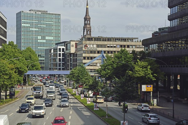 Europe, Germany, Hamburg, Altstadt, Willy-Brandt-Str., View to the shipping company Hamburg Süd and tower of St. Katharinen, Main road, Hamburg, Hamburg, Federal Republic of Germany, Europe