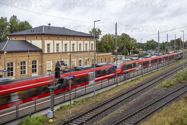 Railway station with station building and regional railway. Bad Belzig, Brandenburg, Germany, Europe