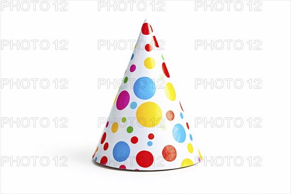 White paper party hat with colorful dots on transparent or white background. Generative AI, AI generated