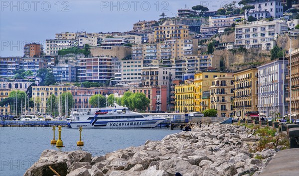 Waterfront with excursion boat from the Mergellina district, Naples, Gulf of Naples, Campania, Italy, Europe