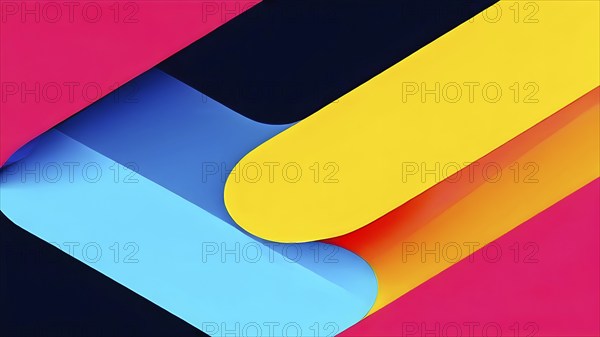 Minimalist illustration featuring abstract shapes in neon colors to convey fun and ease, AI generated