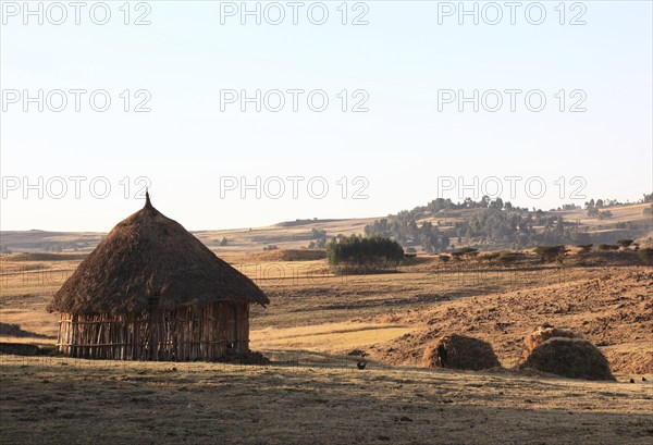 Landscape with round hut in the district of Europia, Ethiopia, Africa