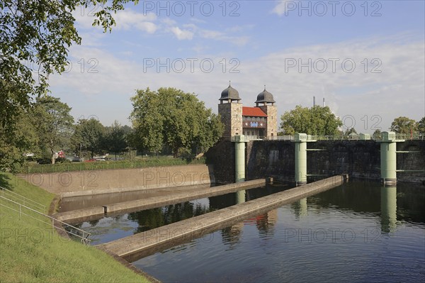 Old shaft lock and water basin, Henrichenburg boat lift, Waltrop Lock Park, Route of Industrial Heritage, North Rhine-Westphalia, Germany, Europe