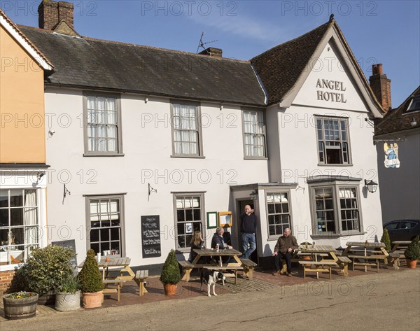 Historic architecture of the Angel Hotel, Lavenham, Suffolk, England, UK