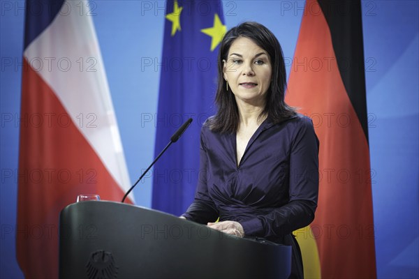 Annalena Bärbock, Federal Foreign Minister, photographed at a press conference after the joint meeting with Alberto van Klaveren Stork, Foreign Minister of Chile (not pictured here) in Berlin, 11 April 2024. Photographed on behalf of the Federal Foreign Office