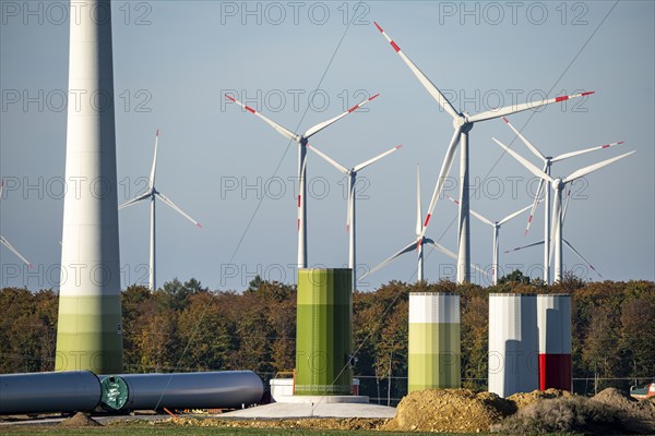 Construction site of a new wind turbine, modules of the tower, wind turbine from the manufacturer Enercon, wind farm near Bad Wünnenberg, North Rhine-Westphalia, Germany, Europe