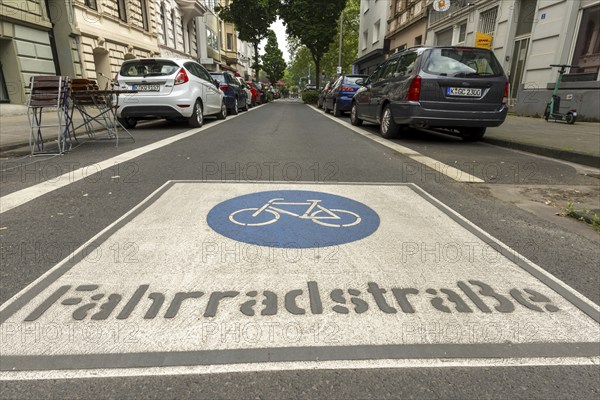 Markings on a cycle lane, cyclists have priority over motor traffic, Cologne, North Rhine-Westphalia, Germany, Europe