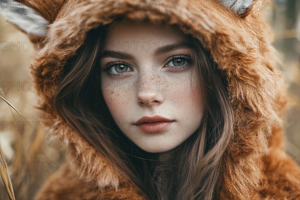 Close up of young woman wearing a fox sweater with ears in autumn forest. Generative Ai, AI generated