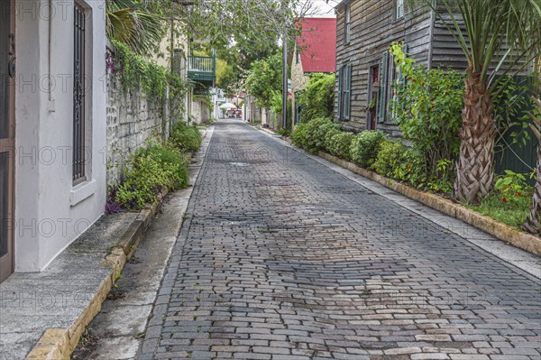 Residential brick paved street in the historic district of downtown St. Augustine, Florida, USA, North America
