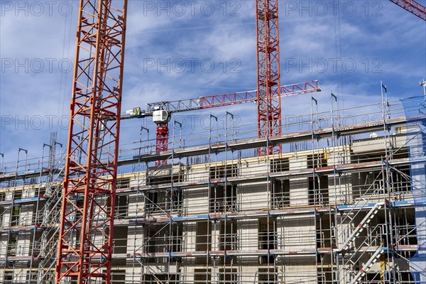 Large construction site, in the so-called Literaturviertel offices and flats between Sachsenstraße and Bert-Brecht-Straße, construction cranes, shell construction, in Essen, North Rhine-Westphalia, Germany, Europe